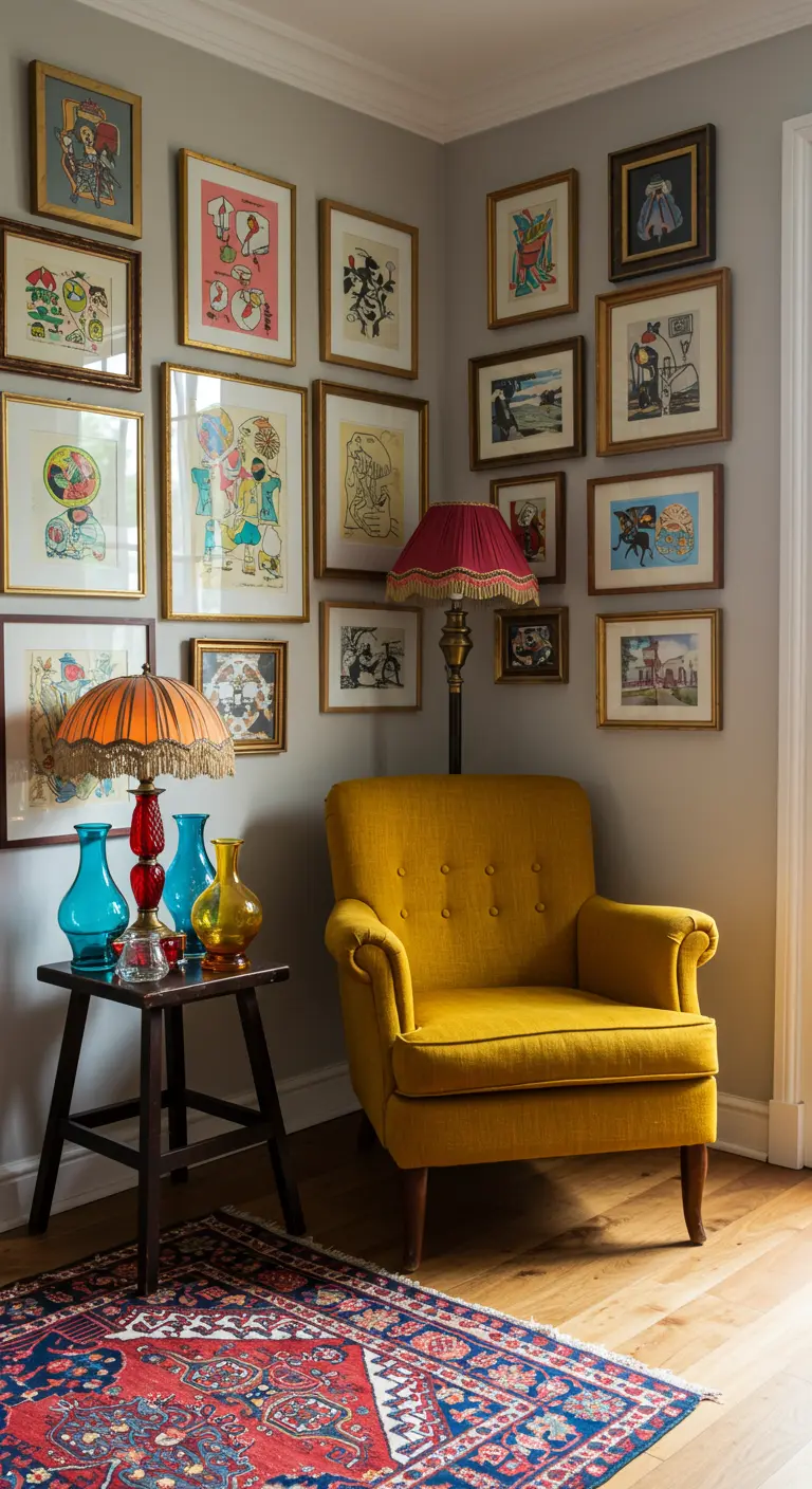 Gele fauteuil in een hoek met een gallery wall vol kleurrijke kunstwerken en een oosters tapijt.