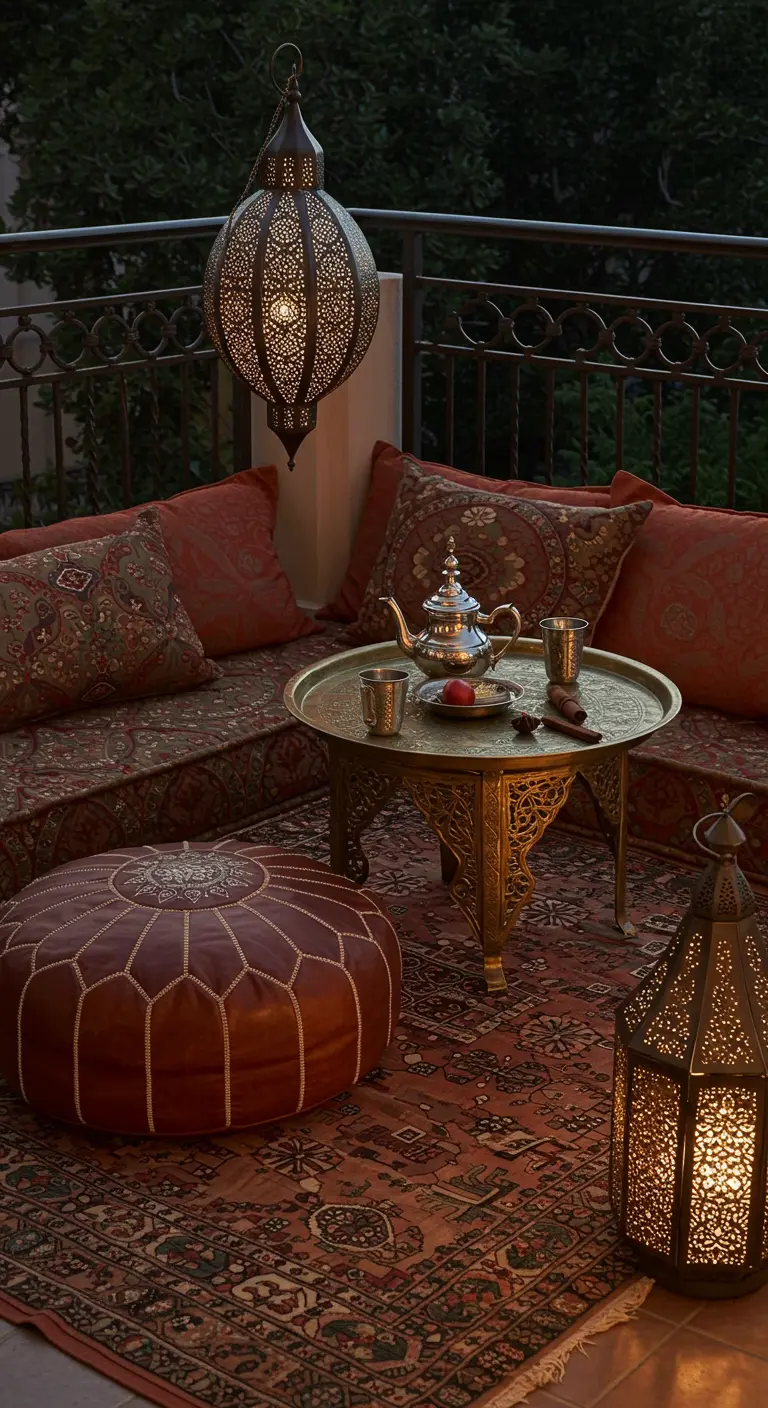 Loungehoek op een balkon in Marokkaanse stijl met lage kussens, tapijt en lantaarns.