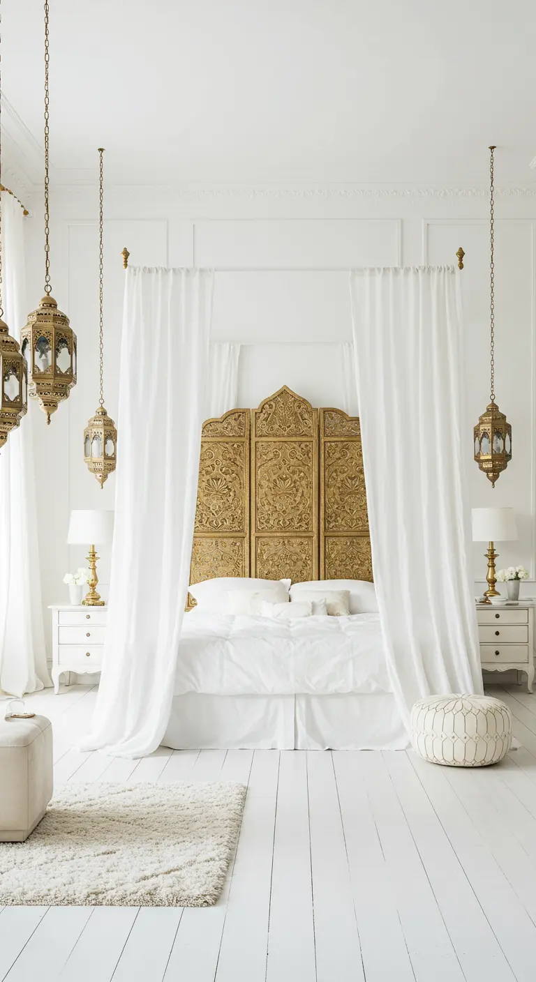 Witte slaapkamer met gouden kamerscherm als hoofdbord en Marokkaanse lantaarns.