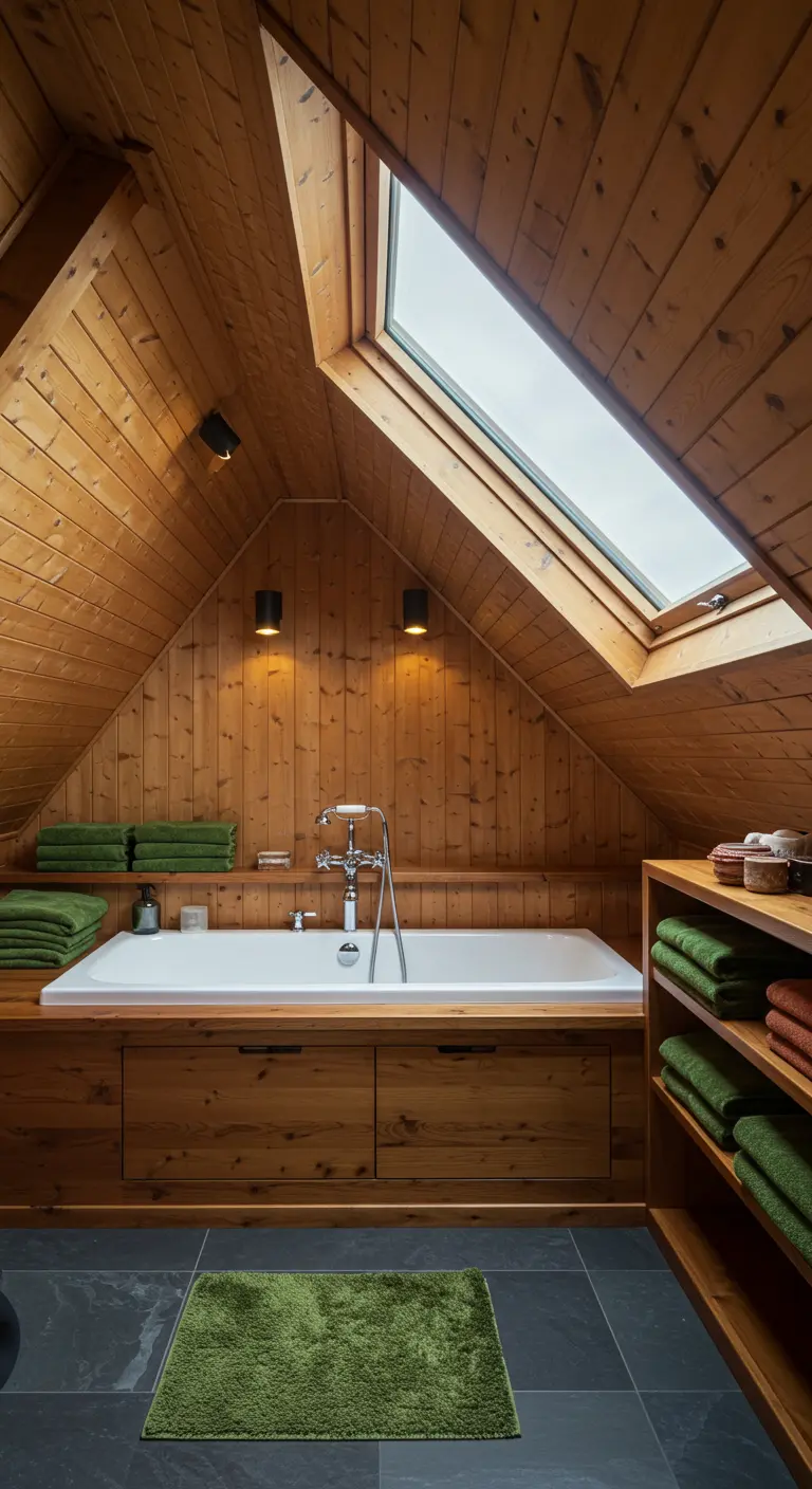 Zolderbadkamer volledig bekleed met hout, met een donkere vloer en groene handdoeken.