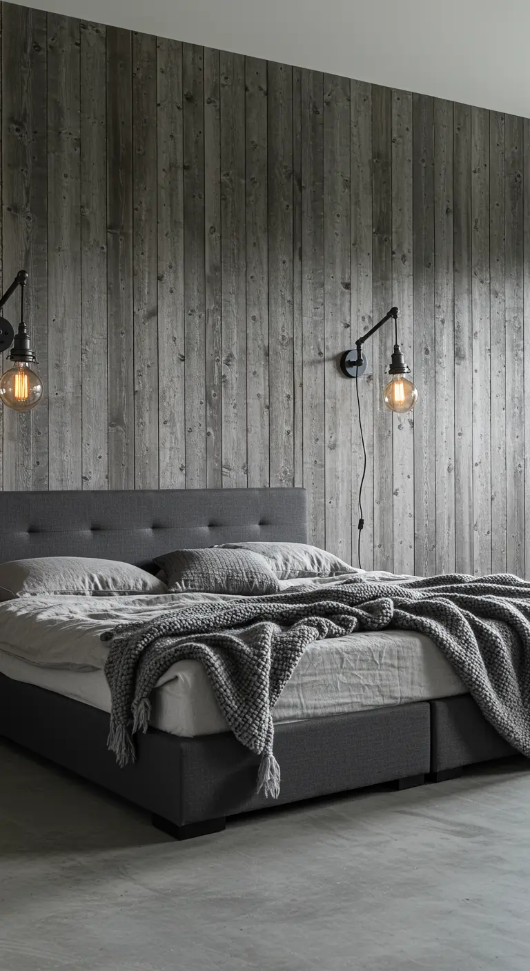 Slaapkamer met een accentmuur van vergrijsd hout en industriële wandlampen naast het bed.