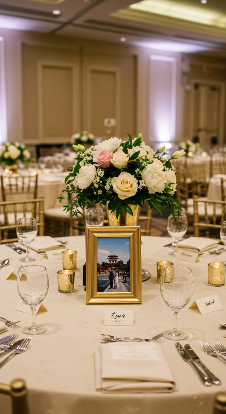 Gouden fotolijstje met een foto van het bruidspaar als tafelnummer op een dinertafel.