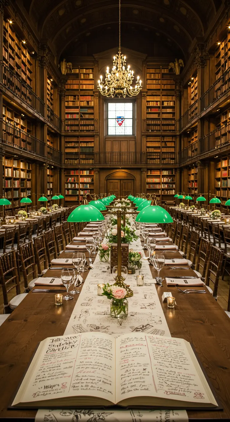 Lange dinertafels in een klassieke bibliotheek, verlicht door groene bankers lampen.