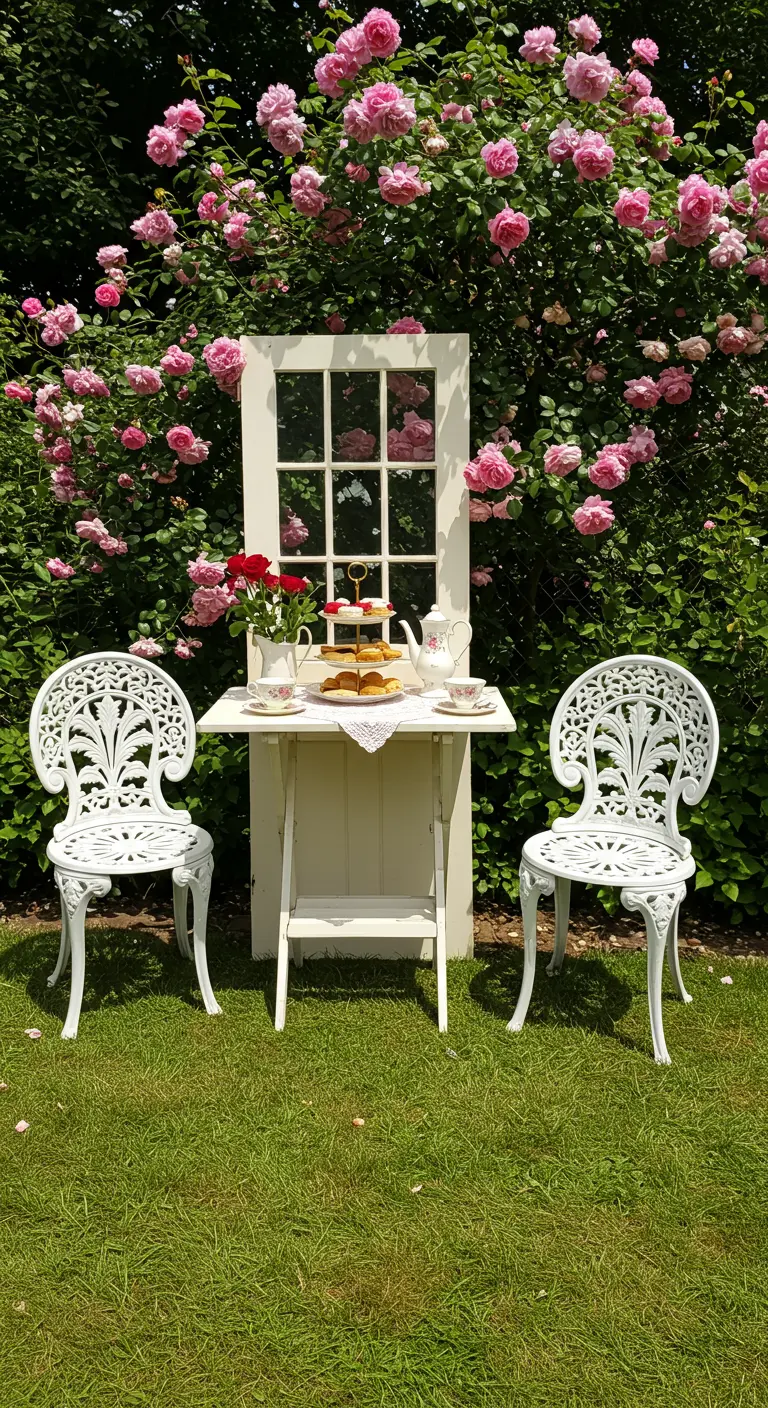 Witte deur rechtop in een tuin, met een klein uitklapbaar tafeltje voor twee en sierlijke stoelen.