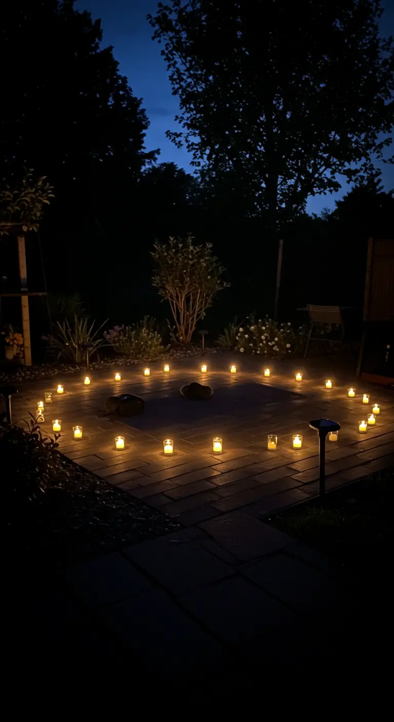 Een cirkel van brandende kaarsen op een terras in de avond, voor een meditatieritueel.