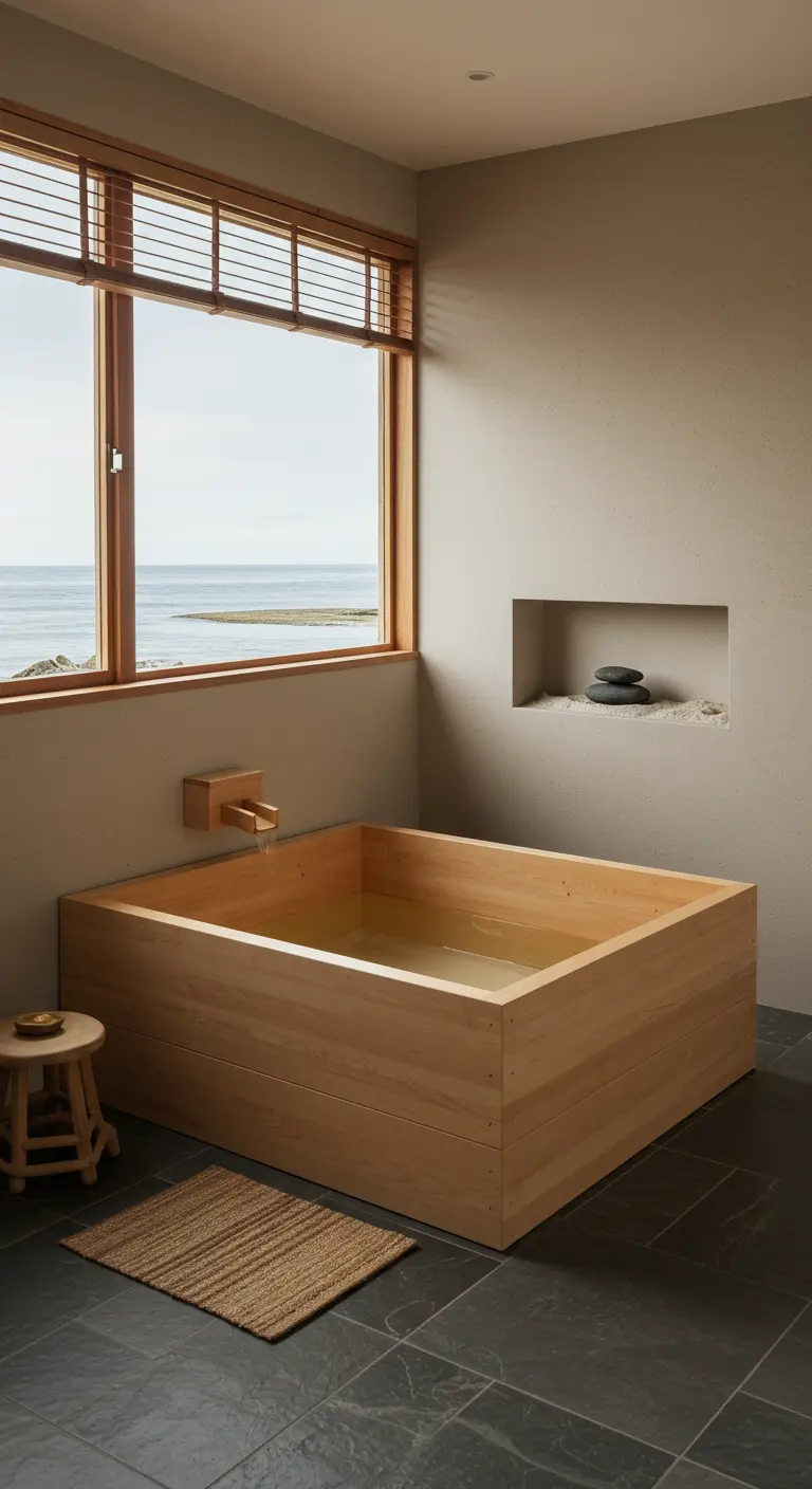 Japanse stijl badkamer met een houten badkuip en uitzicht op zee.