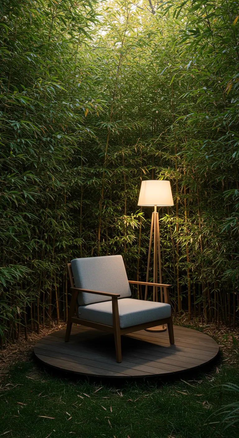 Comfortabele stoel en een lamp op een rond vlonder, omringd door hoge bamboe.