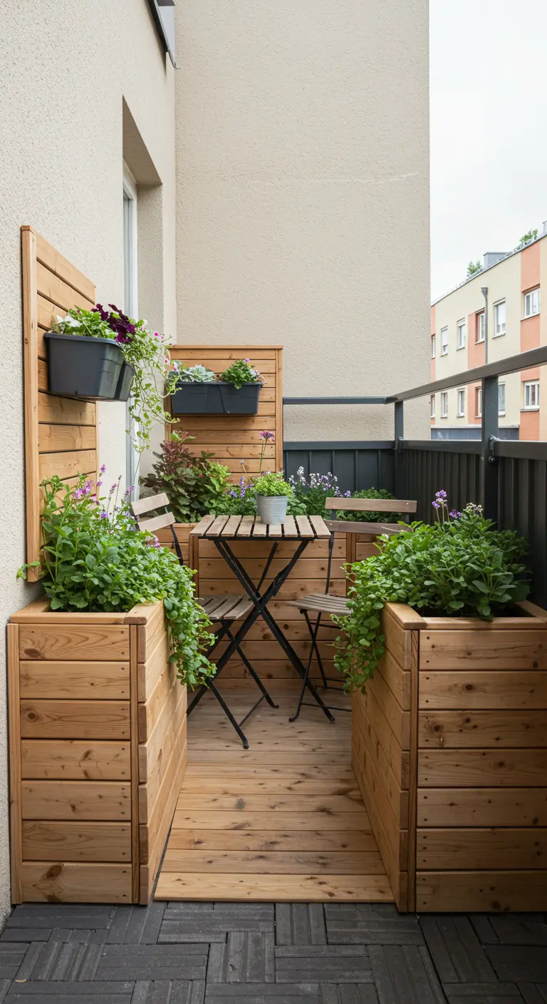 Houten plantenbakken creëren een intieme zithoek met een bistrosetje op een smal balkon.
