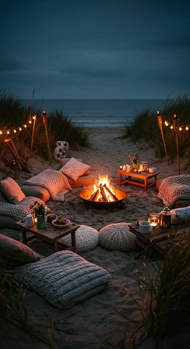 Sfeervol kampvuur op het strand met gebreide poefs, kussens, fakkels en lichtsnoeren in de duinen.