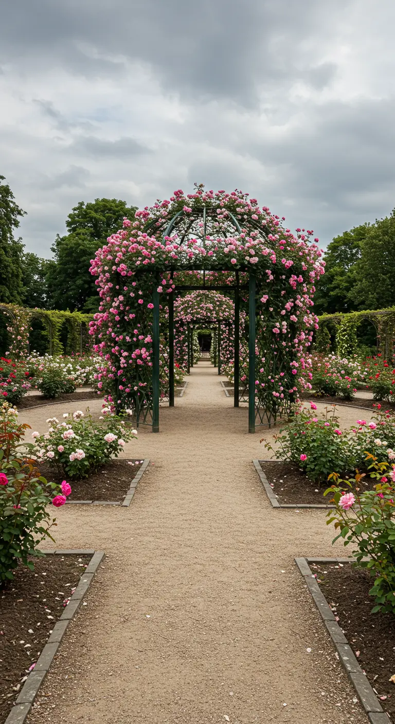 Grote tuin met meerdere aaneengeschakelde prieeltjes die een gang van roze rozen vormen.