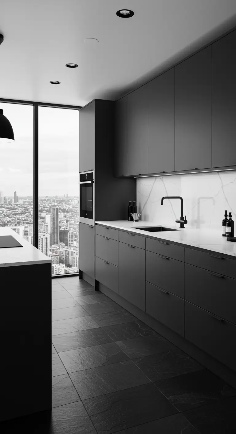Strakke, donkergrijze keuken met een groot raam dat uitkijkt over een stad.