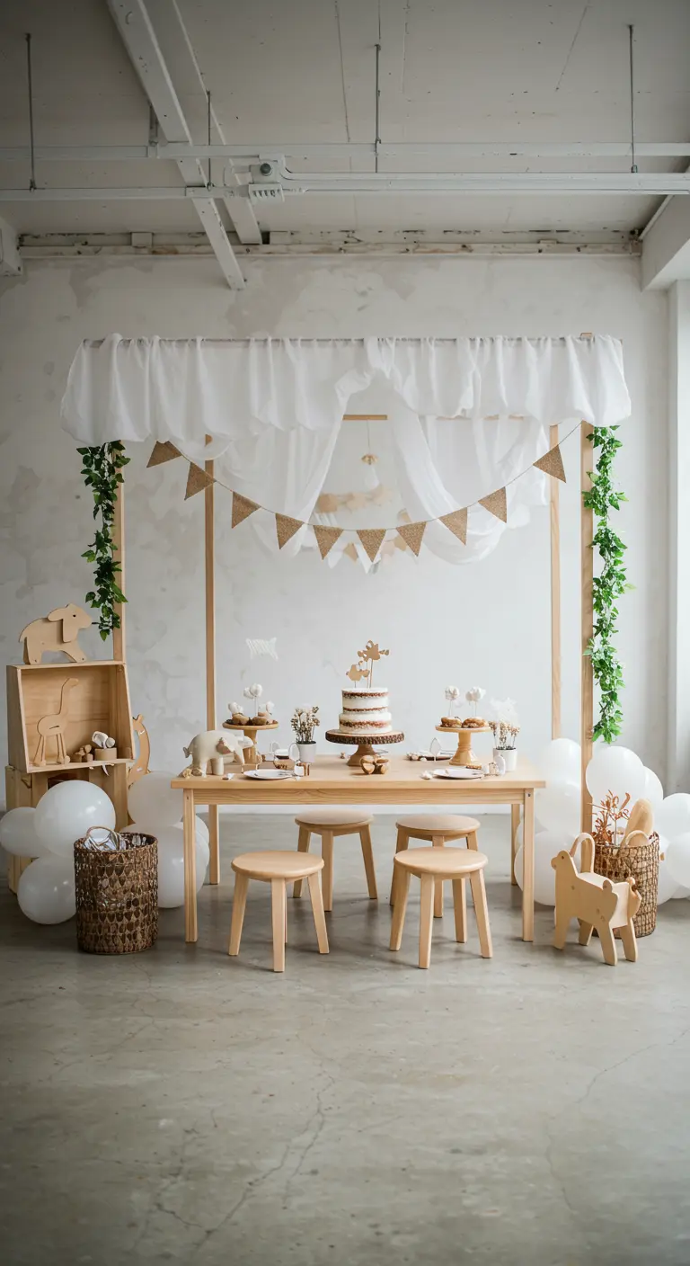 Kinderfeestje met houten meubels, witte ballonnen en een met stof gedrapeerd frame.