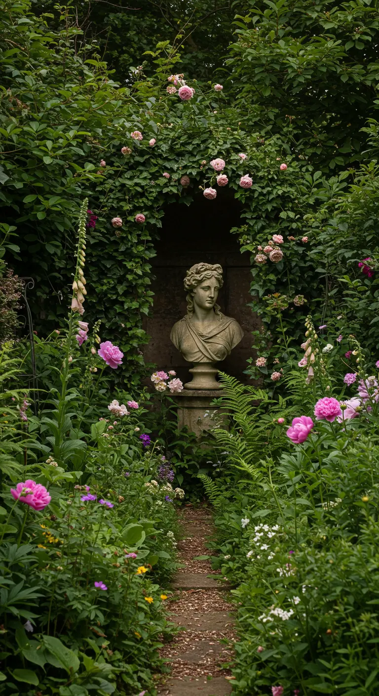 Stenen buste in een nis van klimop, omgeven door een weelderige, bloeiende tuin.