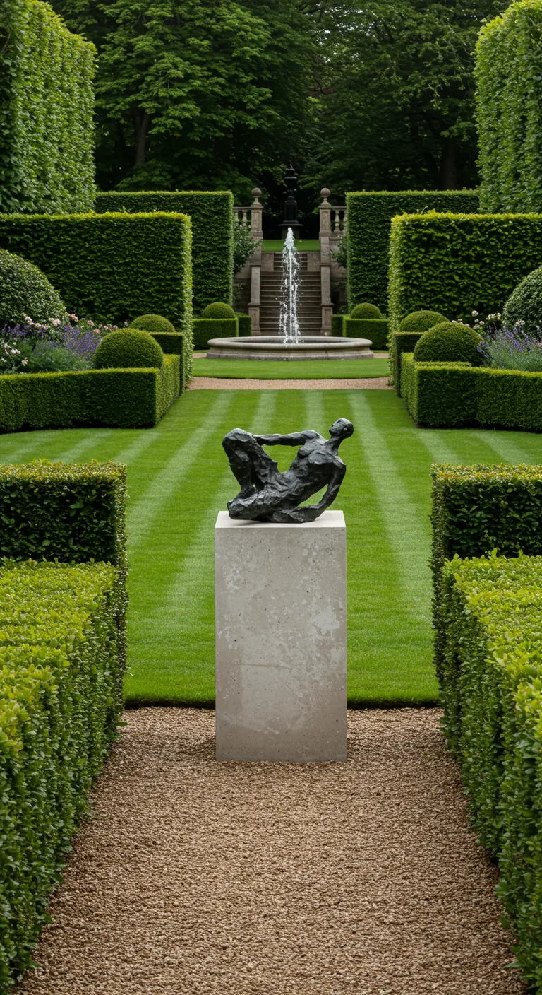 Bronzen beeld van een liggende figuur op een betonnen sokkel in een formele, strakke tuin.