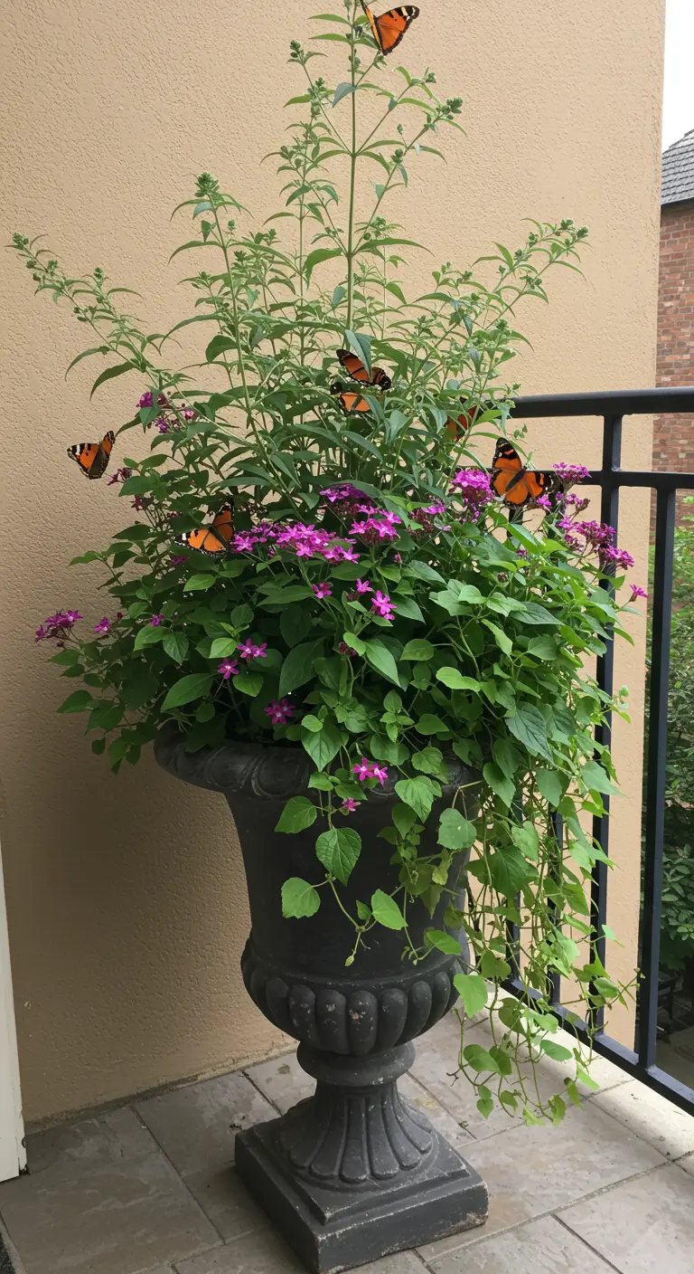 Grote, klassieke grijze pot op een voetstuk, vol met paarse bloemen en groen.