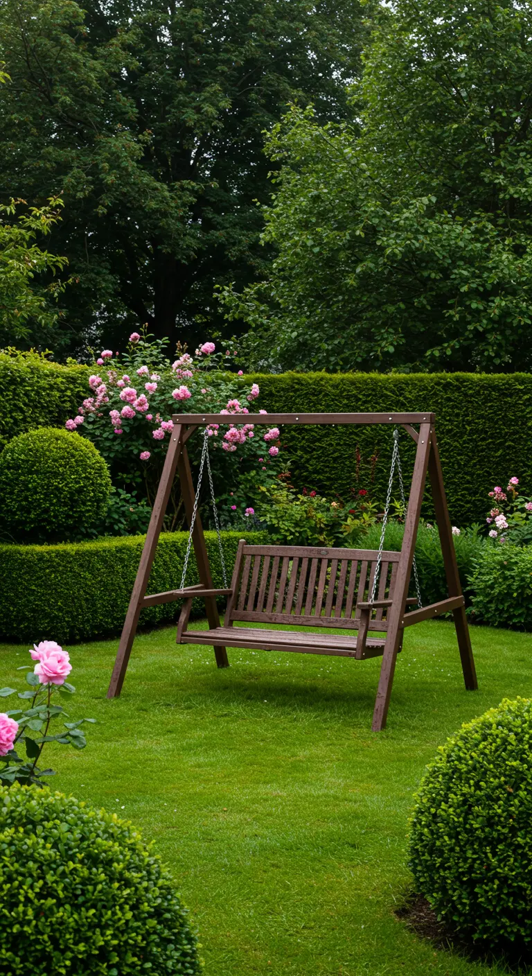 Klassieke donkerbruine schommelbank op een gazon, omringd door buxusbollen, hagen en roze rozen.
