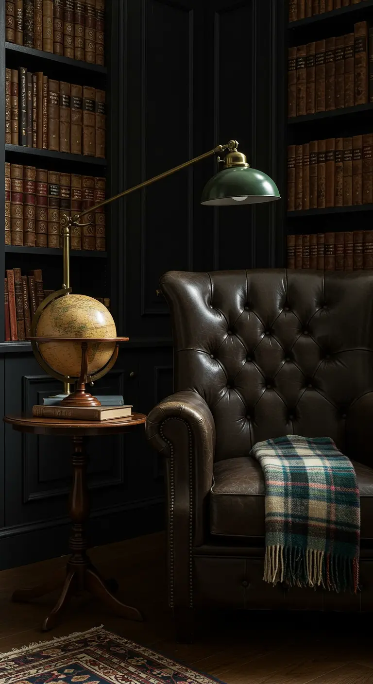 Donkere bibliotheekhoek met een leren Chesterfield, een wereldbol en een klassieke leeslamp.