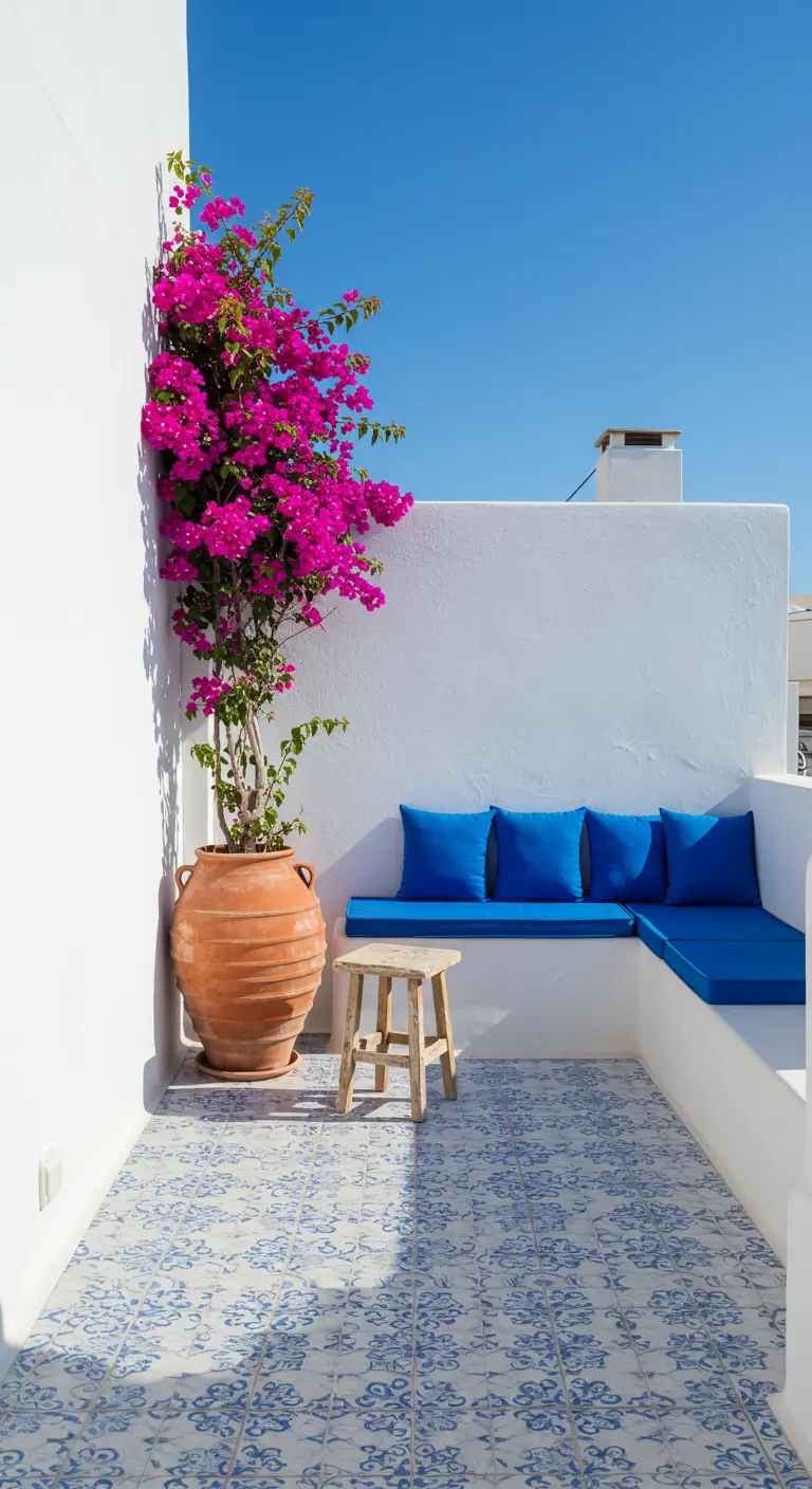 Mediterraan balkon met witte muren, blauwe kussens en een fuchsia bougainvillea in een terracottapot.