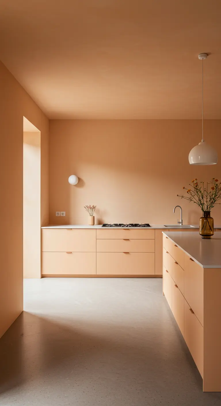 Minimalistische keuken volledig in een zachte perzikkleur, inclusief muren en kasten.