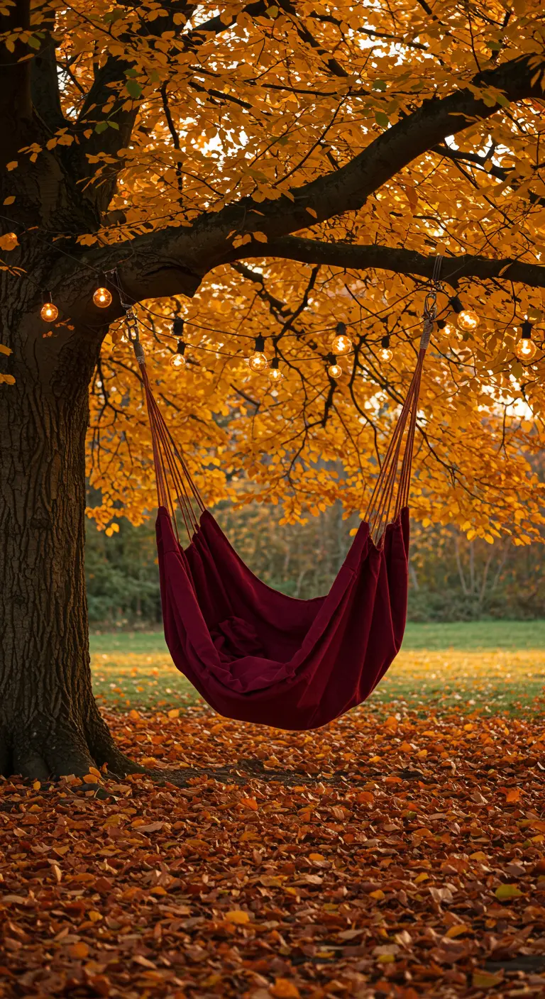 Dieprode hangmatschommel onder een boom met gouden herfstbladeren en een lichtslinger ertussen.