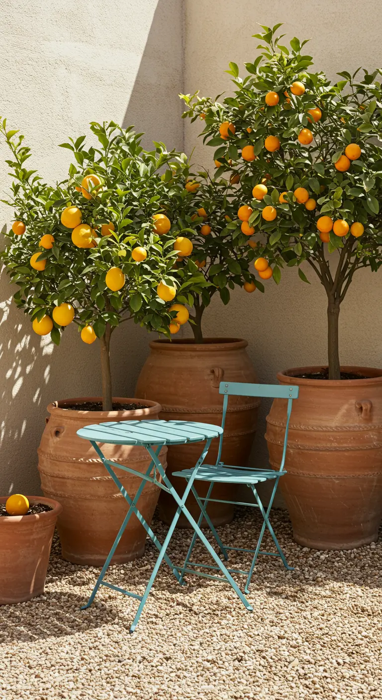 Turquoise bistrosetje tussen grote terracotta potten met sinaasappelbomen.
