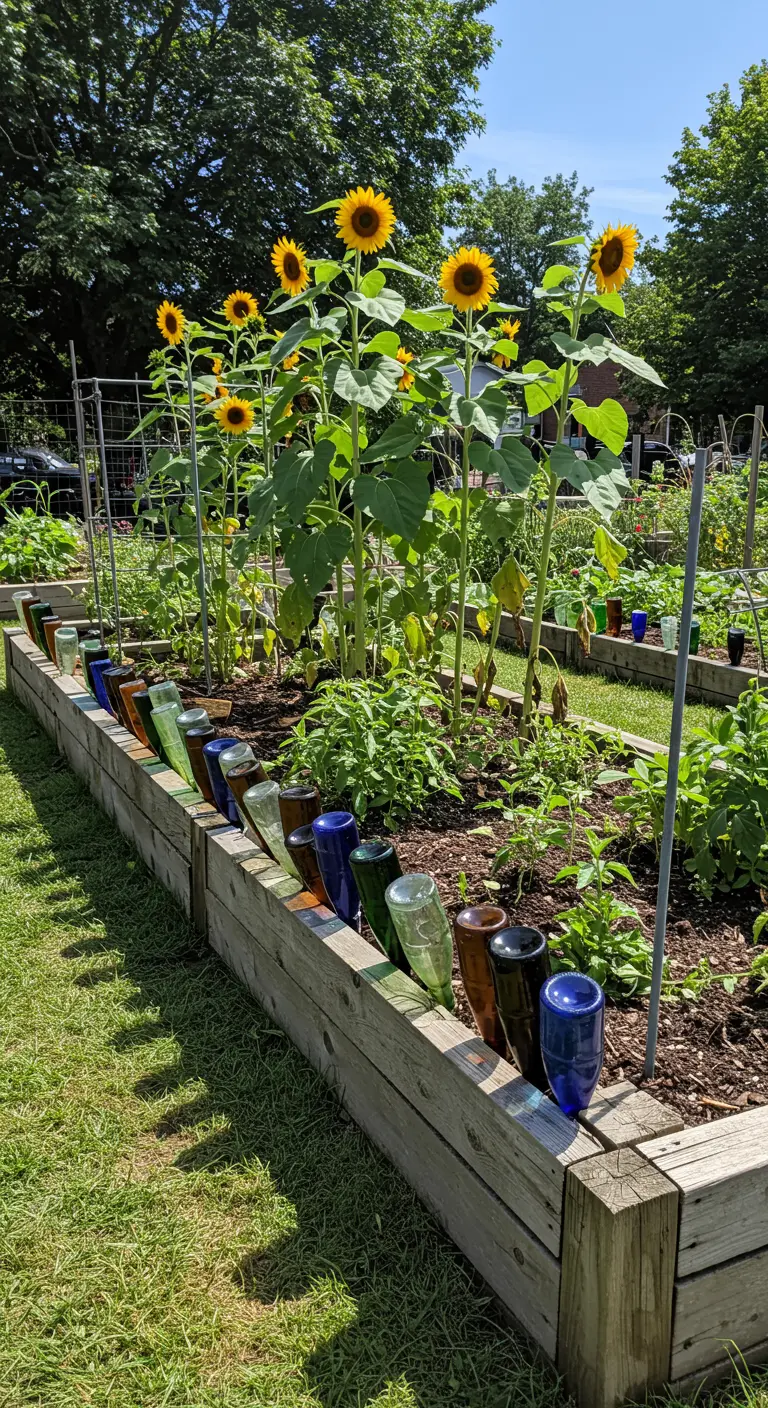 Houten moestuinbak versierd met een rand van gekleurde, omgekeerde glazen flessen.