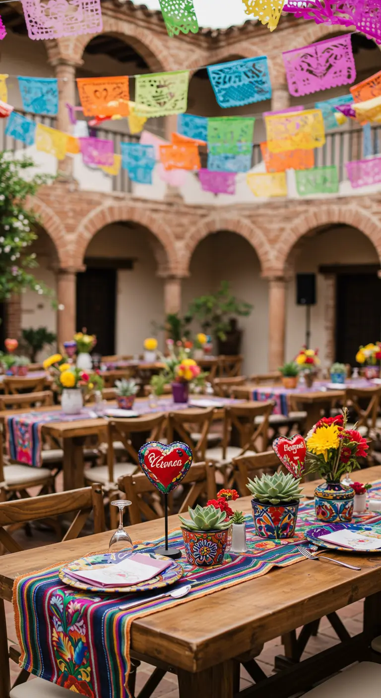 Feestelijke buitentafel gedecoreerd met kleurrijke Mexicaanse lopers, vlaggetjes en vetplanten.