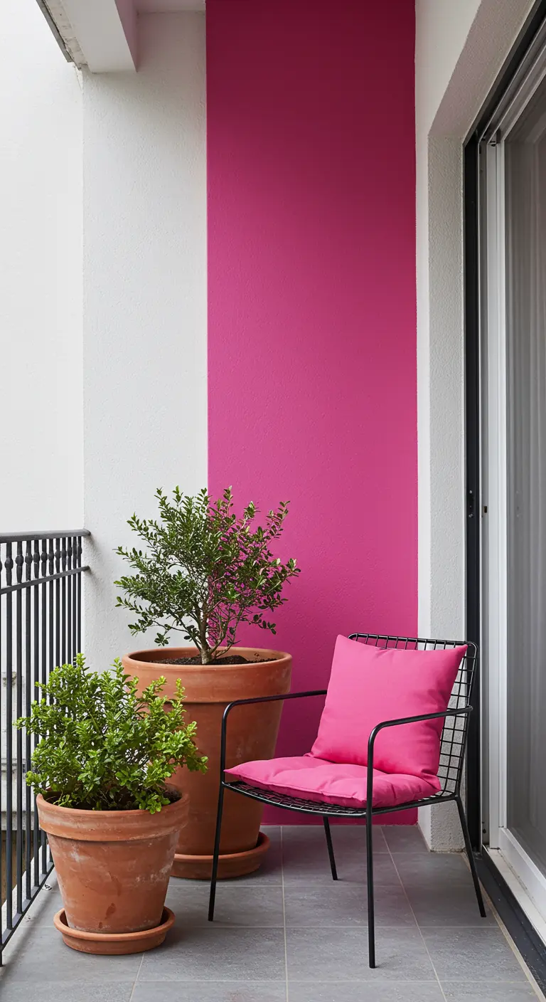 Balkon met een felroze geschilderde baan op de muur en een bijpassend roze kussen.