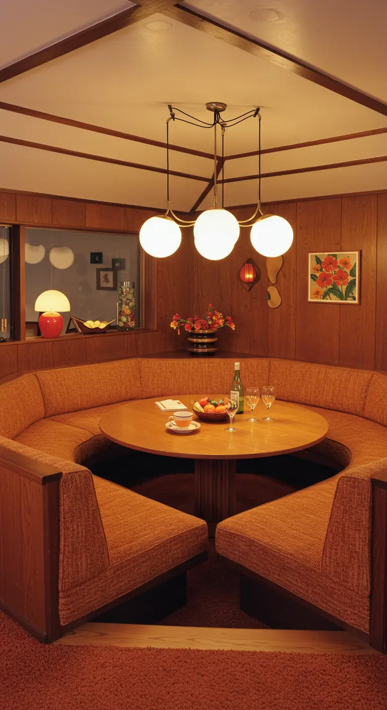 Retro jaren '70 eethoek met een verlaagde oranje ronde bank en houten lambrisering.