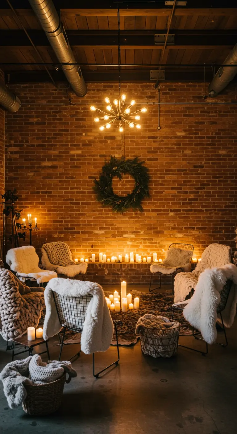 Knusse zithoek met metalen stoelen, plaids en een grote hoeveelheid kaarsen op de vloer.