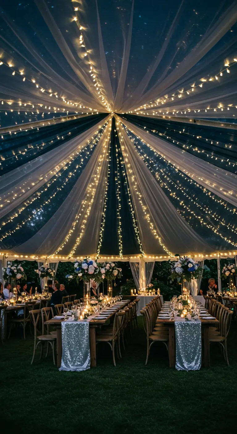 Feesttent met lange tafels, sfeerlichtjes in het dak en zilveren tafellopers.