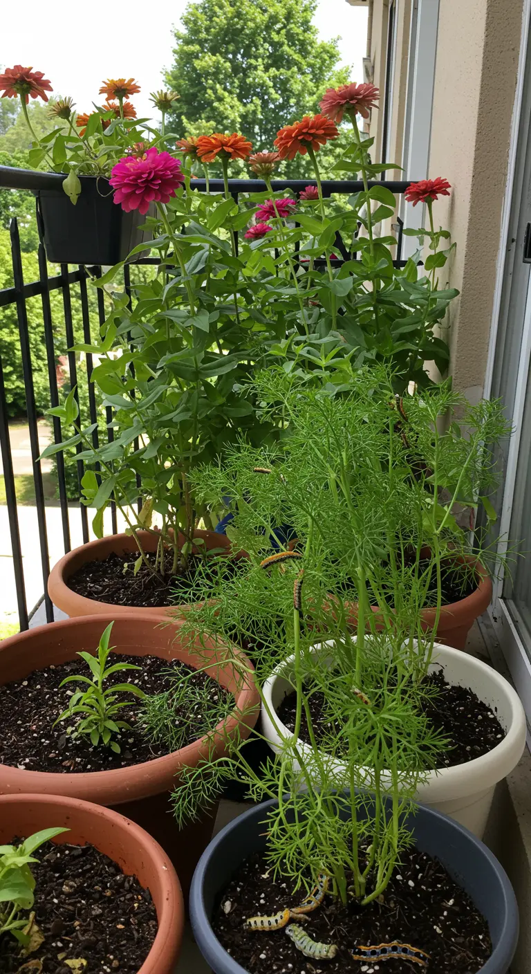 Balkonpotten met dille waarop rupsen zitten, naast potten met kleurrijke Zinnia's.