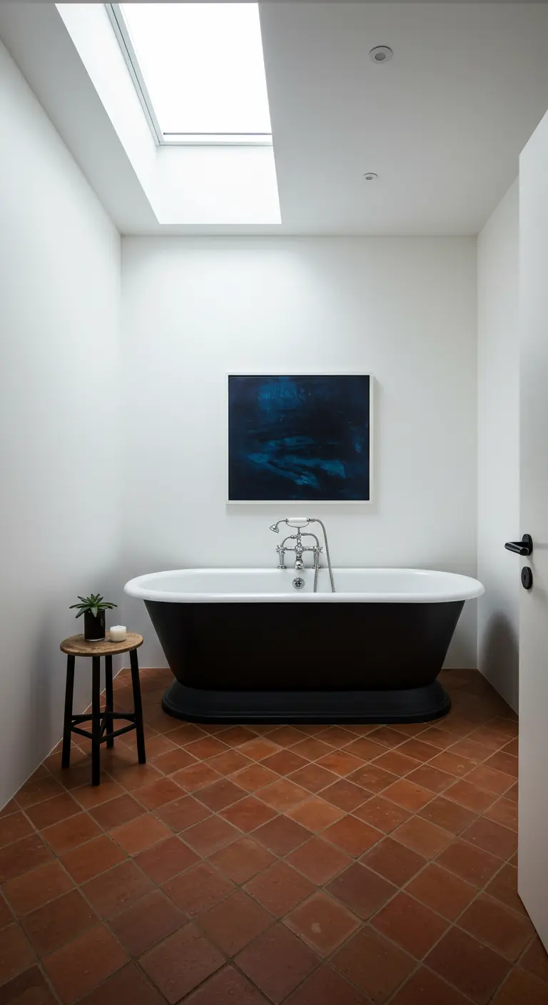 Witte badkamer met een zwart vrijstaand bad, terracotta vloer en abstract blauw schilderij.