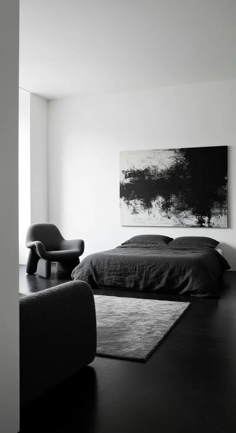 Minimalistische slaapkamer met een laag donkergrijs bed en een groot abstract zwart-wit schilderij erboven.