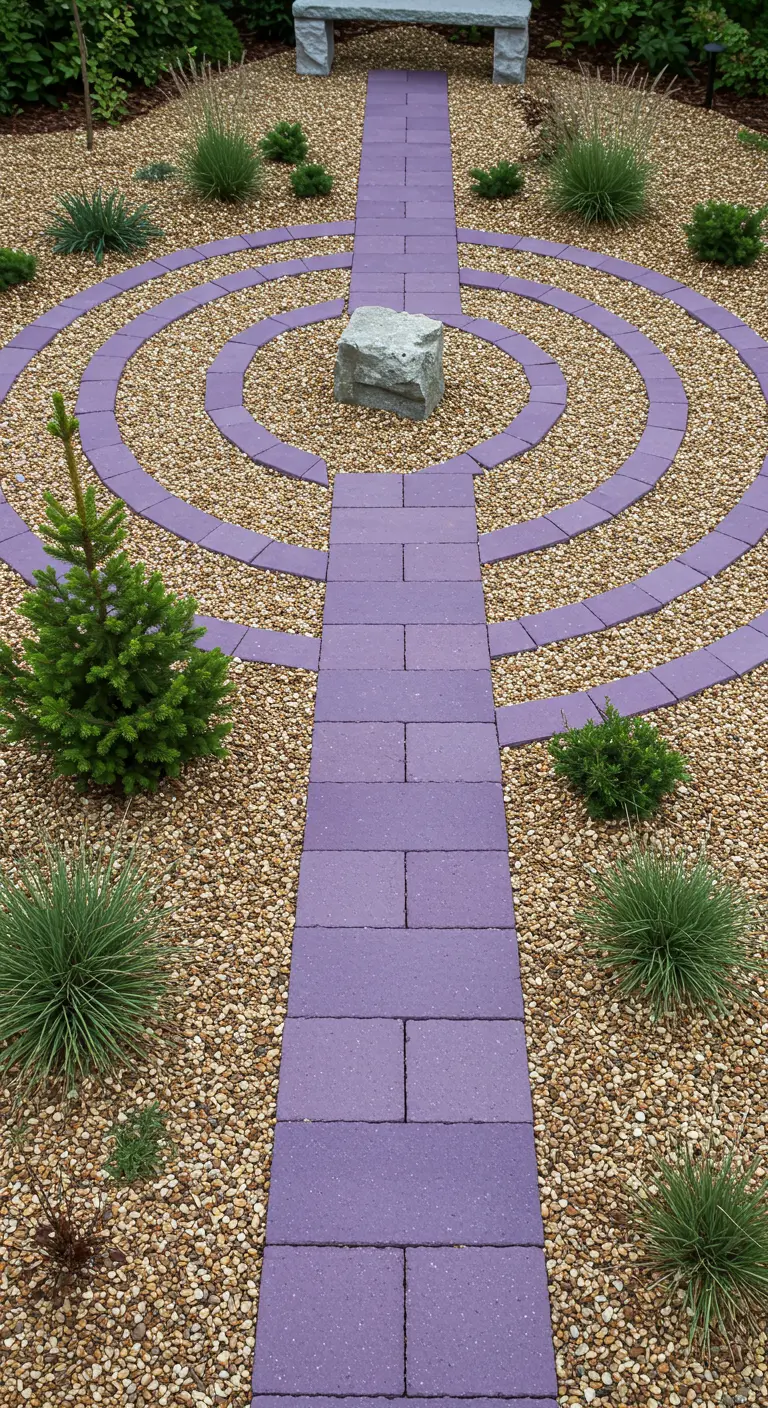 Tuin met een pad en cirkels van paarse tegels, omgeven door grind en siergrassen.