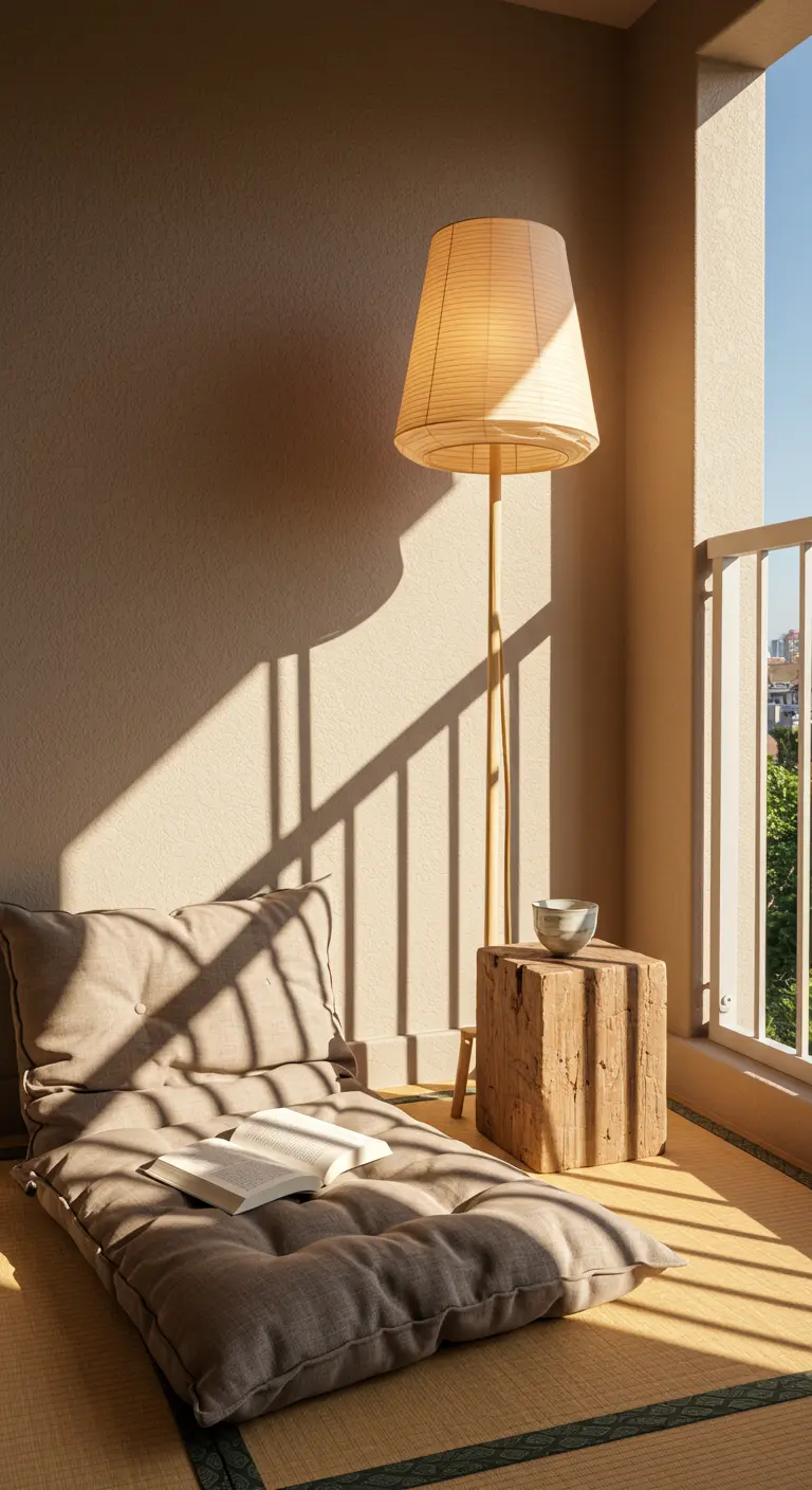 Lage zithoek op balkon met vloerkussen, houten blok en staande lamp.