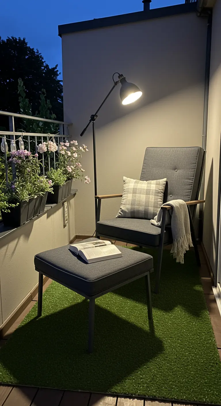 Knusse leeshoek op een balkon met kunstgras, een fauteuil en een staande lamp.