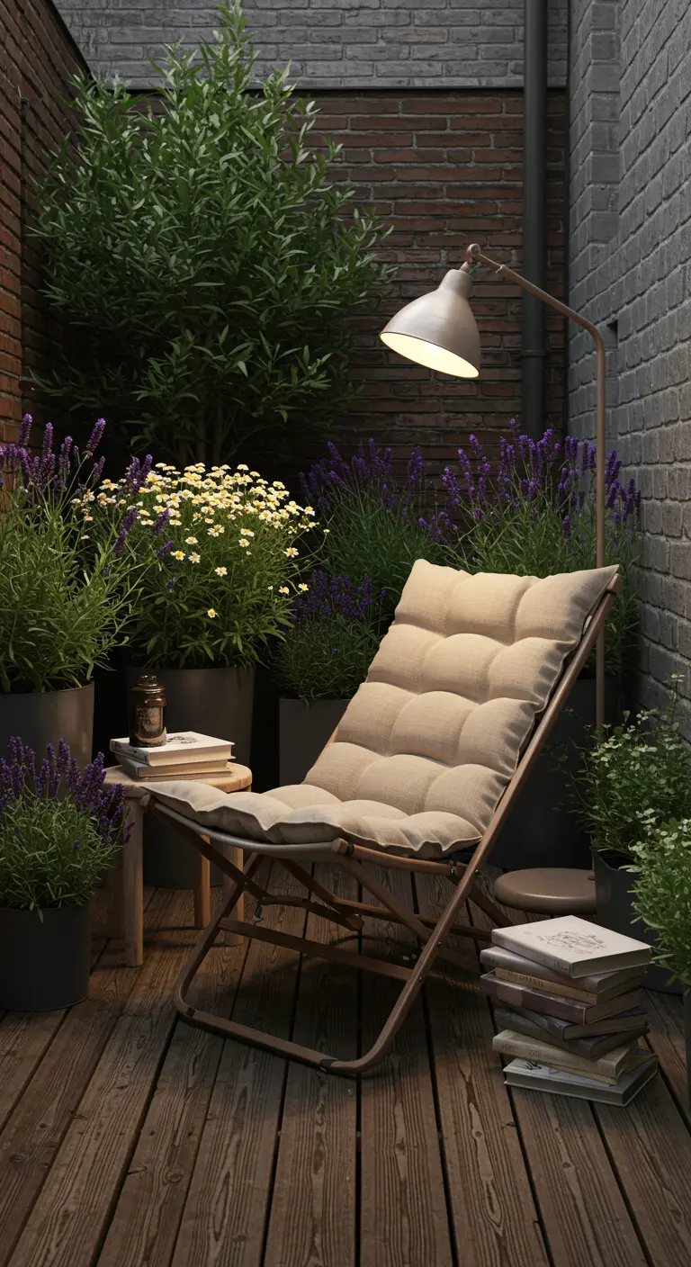 Knusse leeshoek in de tuin met een comfortabele stoel en een leeslamp.