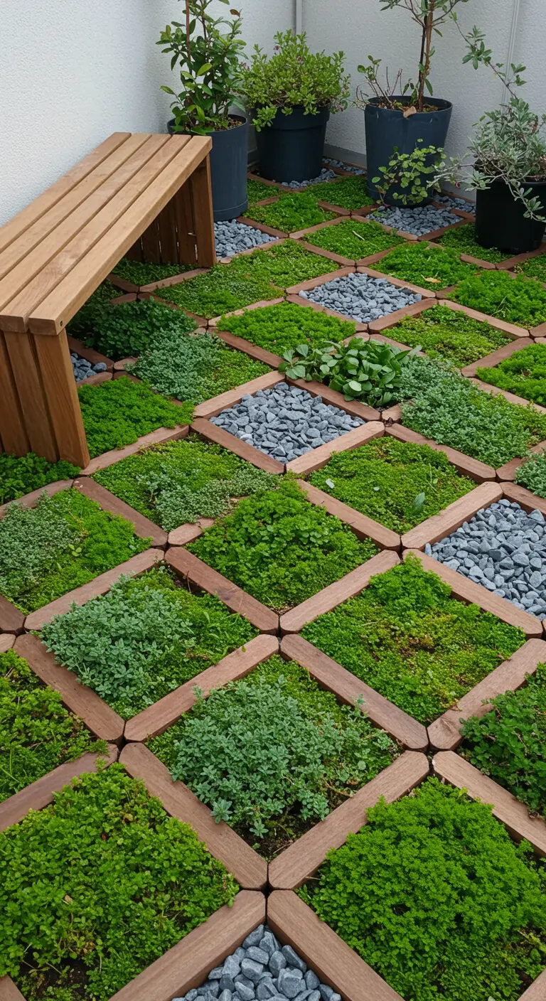 Dakterras met een dambordpatroon van houten vlonders, gevuld met gras, planten en kiezels.