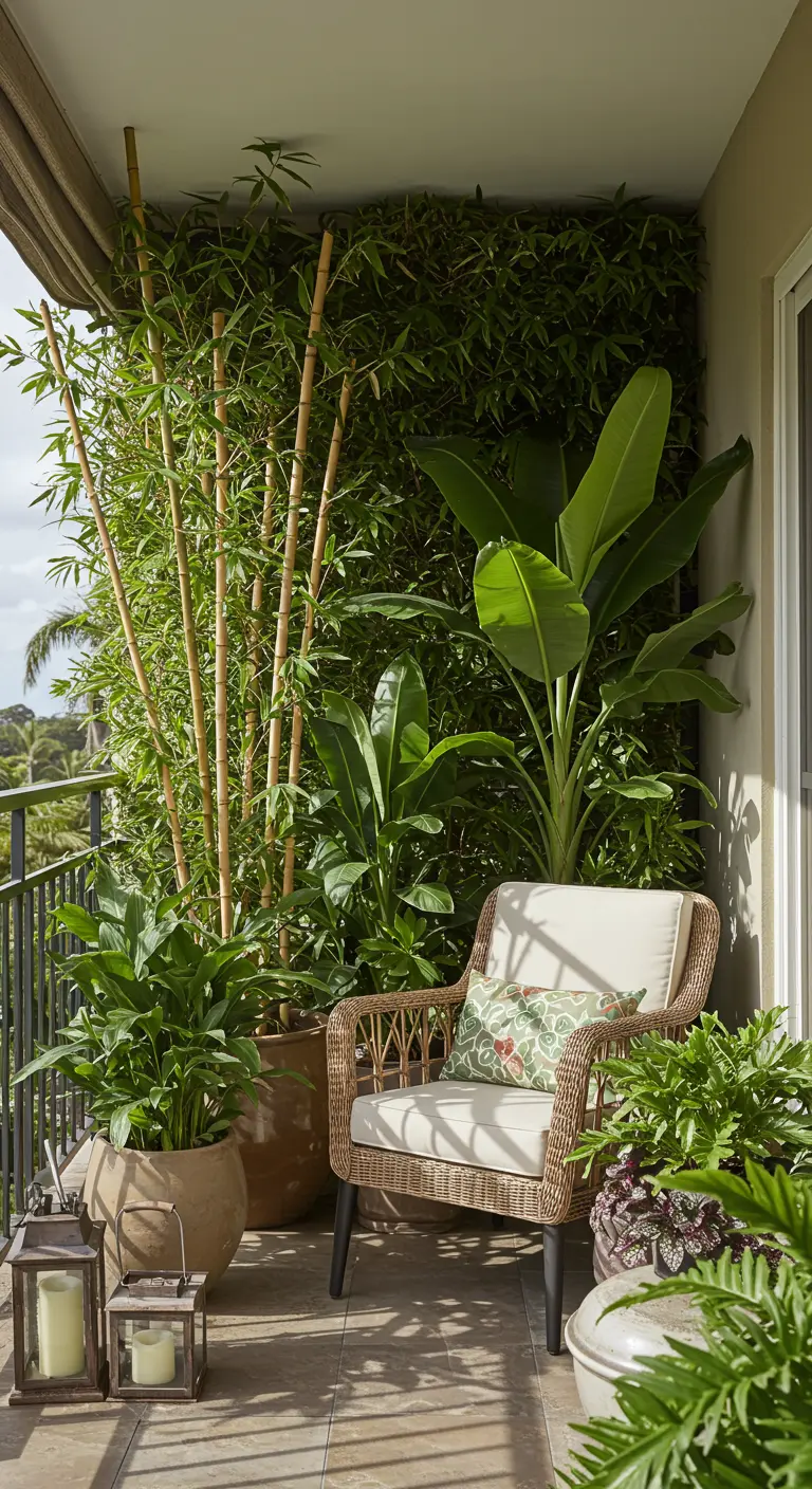 Een knus balkon met hoge bamboeplanten in potten die voor privacy en schaduw zorgen.