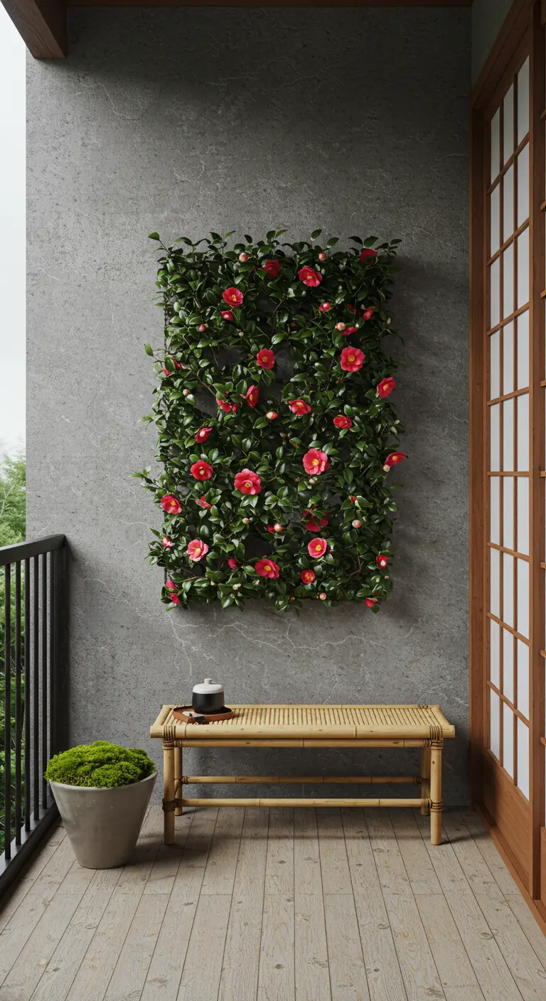 Strakke, ingelijste verticale tuin met rode camelia's op een minimalistisch balkon.