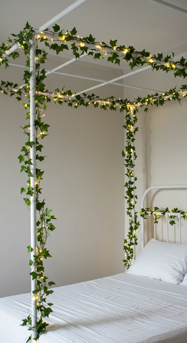 Wit metalen hemelbedframe omwikkeld met kunst-klimop en twinkelende lichtjes.