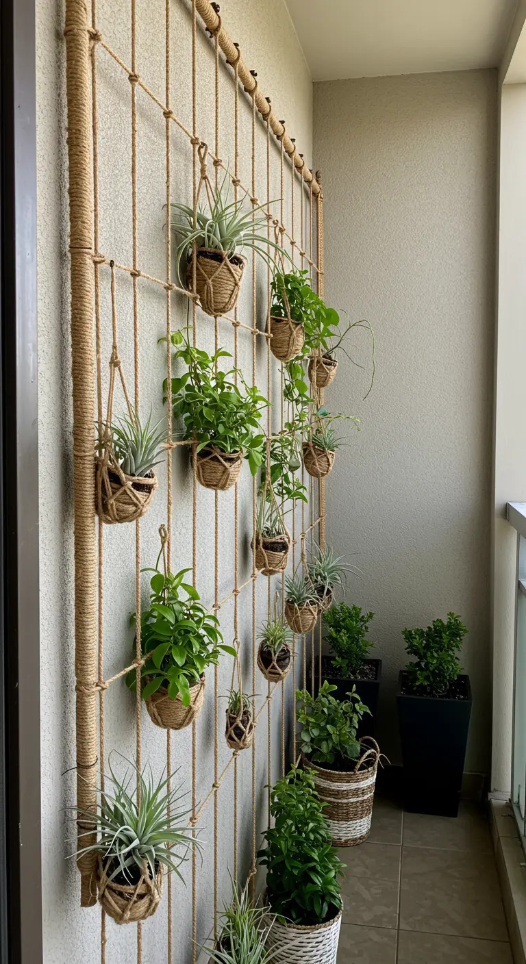 DIY plantenwand gemaakt van een raster van dik touw met hangende plantenpotjes.