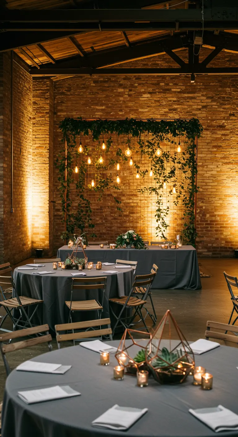 Feesttafel met een backdrop van metaalgaas, groen en hangende lampen.