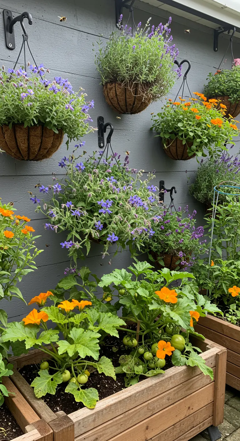 Grijze muur met hangende manden vol bloemen en houten bakken met courgetteplanten.