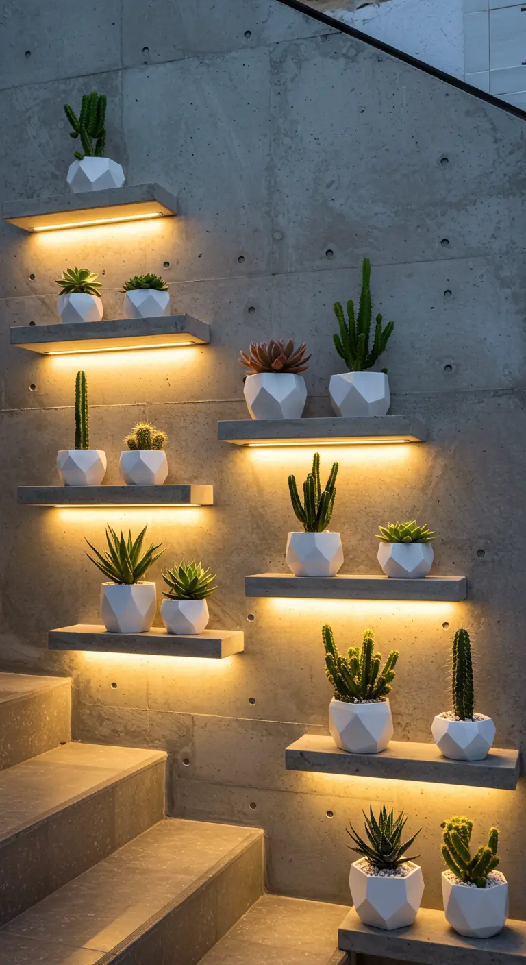 Betonnen trap met zwevende planken waarop cactussen staan, verlicht door ledstrips.