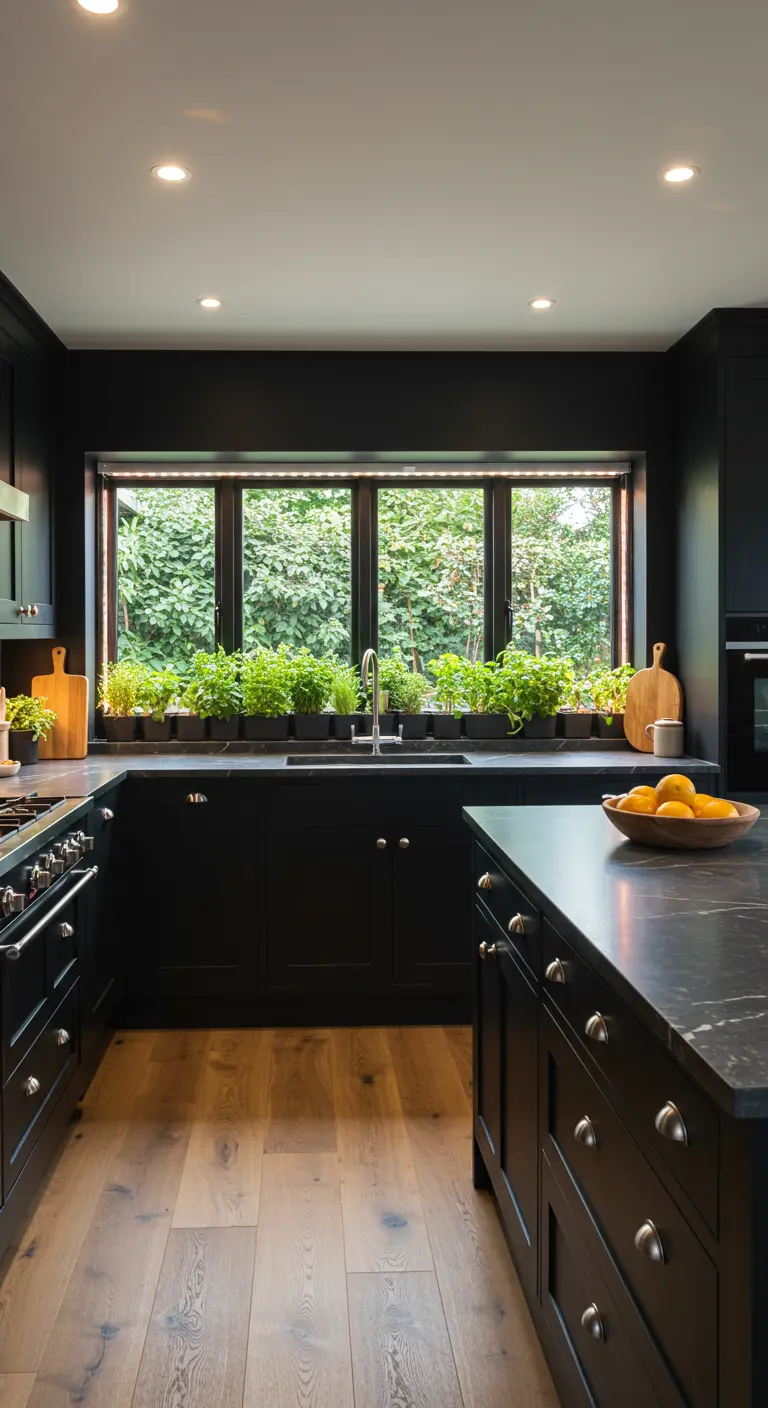 Zwarte keuken met een groot raam waar een rij met verse kruidenplanten voor staat.