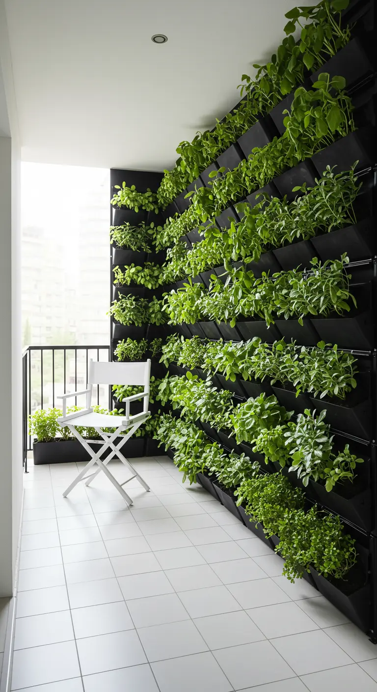 Smal balkon met een volledige muur bedekt met een verticale tuin in zwarte modules.