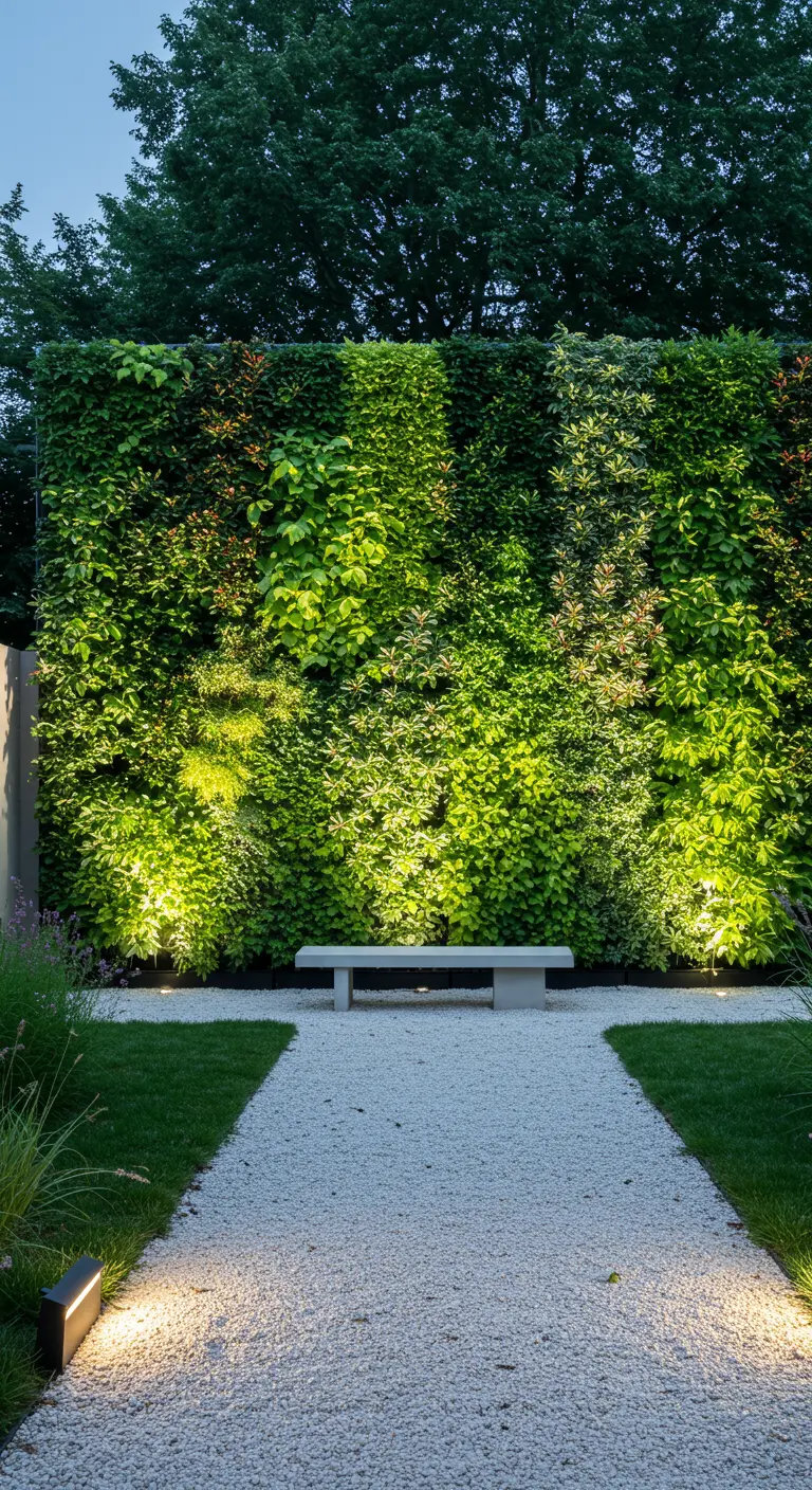 Grote verticale plantenwand die van onderaf wordt verlicht, met een grindpad en betonnen bankje.