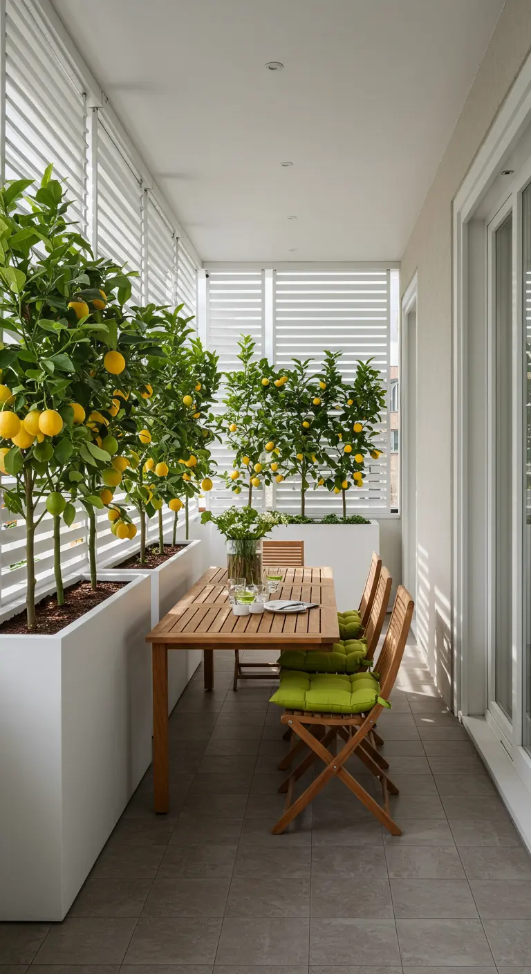 Smal balkon met witte shutters en een lange plantenbak vol citroenbomen.